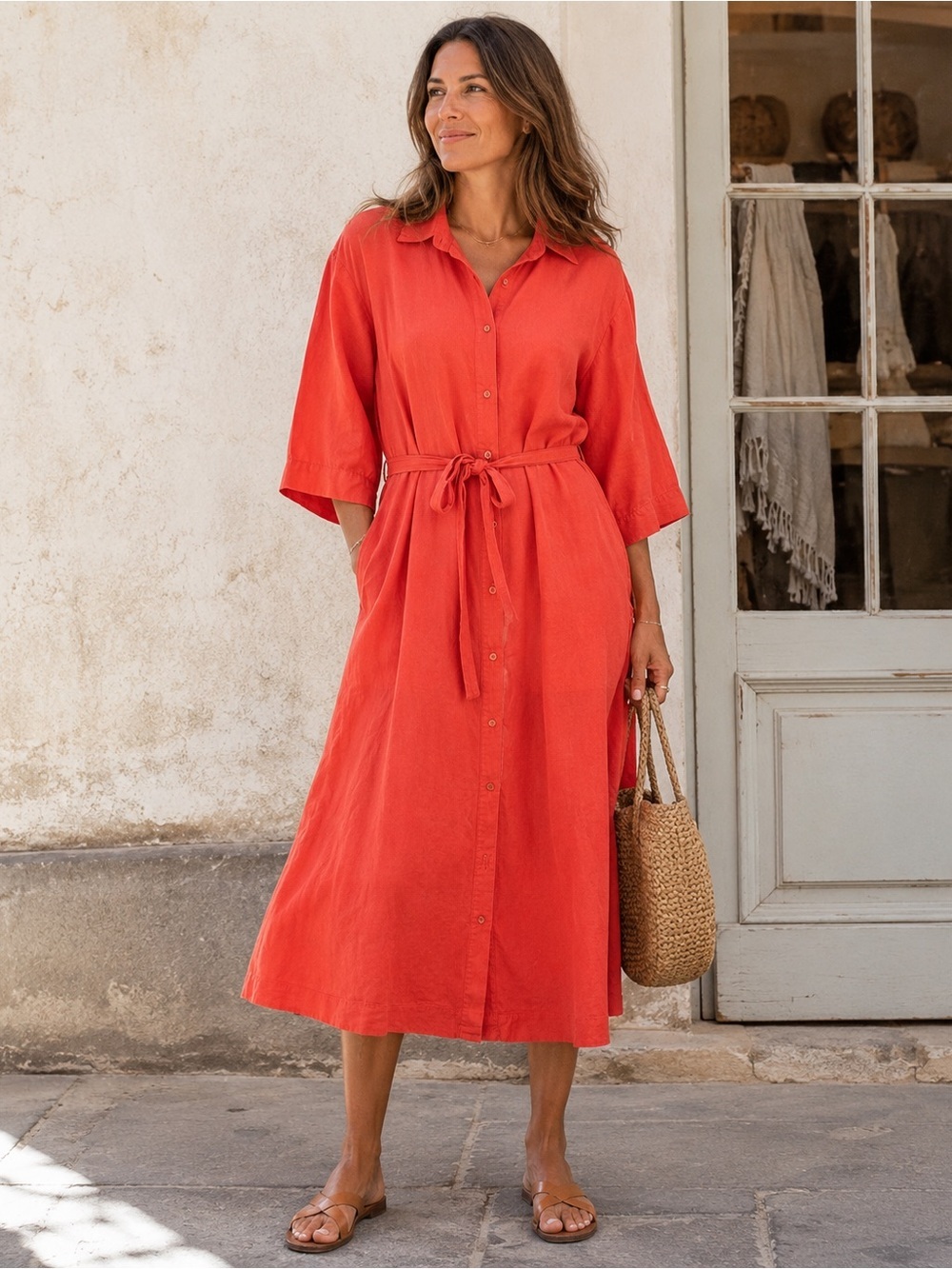 Brave + True red orange linen blend shirt dress size XS oversized coastal beach